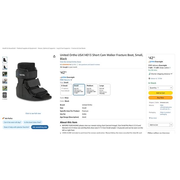 United Ortho Short Air Cam Walker Fracture Boot, Small, Black - Picture 1 of 4